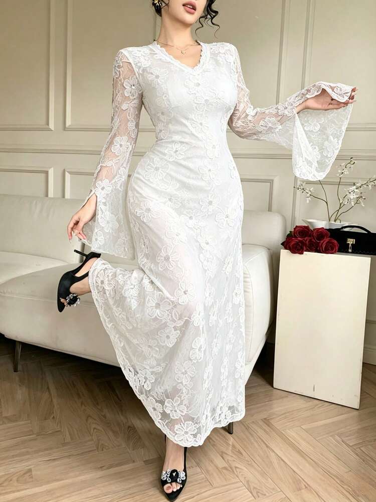 Spring/Summer Lace Long Sleeve Midi Dress, Elegant For Valentine's Day, Wedding, Party, Formal Occasion, Commute