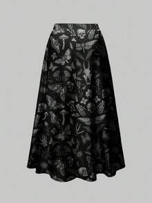 ROMWE Goth 加大码深色森林万圣节骷髅、飞蛾、蝙蝠印花宽松半身裙 - 黑色 - 查看 2