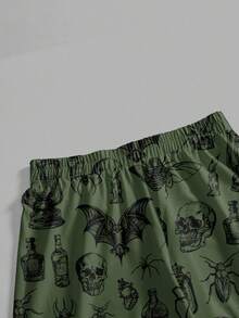 ROMWE Plus Size Gothic Style Dark Moth, Spider, Crow, Bat Green Print Loose Wide Leg Pants, Halloween - Green - View 4