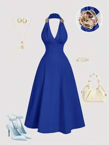 SHEIN MOD Vestido de mujer de unicolor con escote halter y espalda descubierta de largo medio - azul real - Ver 3