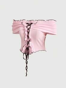 ROMWE Kawaii Sweet Pink Off-Shoulder Tie-Up Contrast Color Plus Size Casual Top For Women - Pink - View 6
