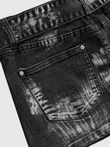 ROMWE Y2K复古魅力亮片刺绣做旧水洗修身迷你牛仔裙（女款） - 黑色 - 查看 7