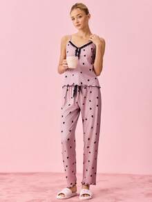 Bonmuse Bộ đồ PJ PJ / Bộ Pajama in hình trái tim tương phản - Bụi hồng - Xem 6