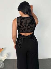 Firerie Débardeur à dos nu avec motif floral floqué en maille pour femmes grandes tailles - Noir - Voir 2