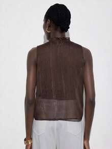Aveloria Modichic Olive Green Sleeveless Layered Ruffle Collar Blouse, Metallic Chiffon Elegant Versatile Casual Commute, Vintage French Romantic - Coffee Brown - View 3