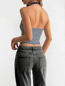 EMERY ROSE Women's Sexy Spaghetti Strap Striped Slim Fit Tank Top, Summer - Navy Blue - View 2
