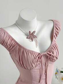 Elamini Women's Sweet Petal Sleeve U-Neck Ruched Waist Pure Short Sleeve Blouse, Summer Corset Tops With Sleeve Corset Shirts For Women Women's Tops For Summer Cute Top Cute Tops For Women Women Tops - Pink - View 7