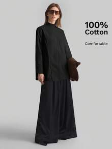 Ontre 2026春夏新款黑色裹身式纯色立领长袖简约不规则剪裁休闲衬衫，适合夏季休闲、都市、简约时尚、通勤、优雅简约风、教师节着装 - 黑色 - 查看 5