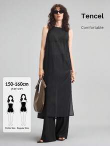 Ontre Petite Áo tank top dài màu đen trơn dáng rộng mùa hè 2026 dành cho nữ, có xẻ tà và cài cúc, phù hợp cho giáo viên và mặc đi club. - màu đen - Xem 3