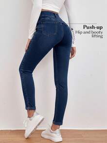SHEIN Frenchy High Waist Slant Pocket Skinny Black Jeans - Dark Wash - View 2