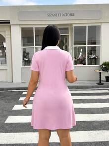 Muchica 大码女式休闲V领短袖收腰连衣裙，适合夏季日常通勤 - 淺粉色 - 查看 2