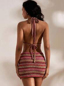 Opulessa Conjunto de 2 piezas de top halter de punto a rayas y falda de cintura baja para vacaciones de primavera y verano para mujeres - Rojo - Ver 3