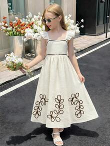 SHEIN Tween Girls Woven Embroidered Square Neck Cap Sleeve Maxi Dress, Summer Floral Dress, Mommy And Me Matching Outfit - Khaki - View 9