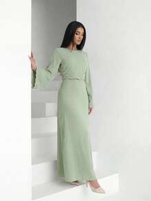 Veilorie Đầm nữ thanh lịch, kín đáo, thêu hoa, tay loe kiểu Ả Rập. - màu xanh lá - Xem 4