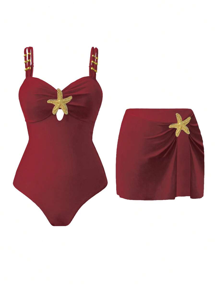 Swim Oasis 1件装 女士可爱五角星装饰休闲度假连体泳衣 - 中紫紅色 - 查看 1