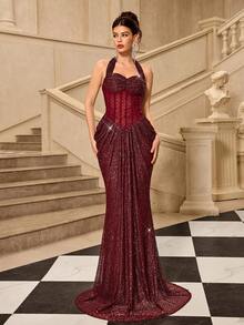 Coutiva Chiếc váy dạ hội thanh lịch và quyến rũ với thiết kế cổ yếm đính sequin và đá lấp lánh, kết hợp cùng chân váy xếp ly dáng đuôi cá, hoàn hảo cho các buổi tiệc tối trang trọng, phù hợp cho khách dự đám cưới, dạ hội, tiệc tựu trường, lễ tốt nghiệp và các lễ hội âm nhạc. - Màu Đỏ Sâu - Xem 2