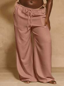 MUSERA Große Größen Mittlere Taille Weite Bein Hose mit Kordelzug Taille, Urlaubsmode, elegante Ferien, süßer Sommer Frühling - Altrosa - Übersicht 2