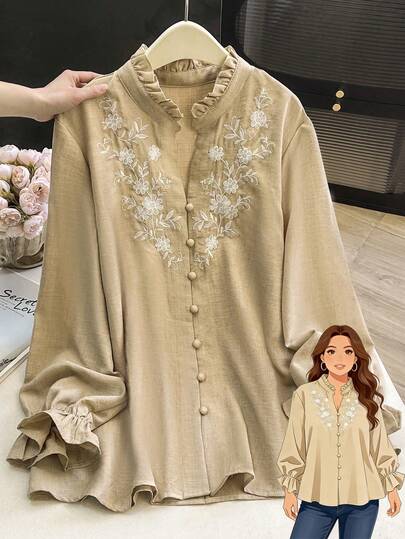 Lacomfia Women's Ruffle Long Sleeve Embroidered Casual Loose Versatile Comfortable Daily Wear Plus Size Blouse