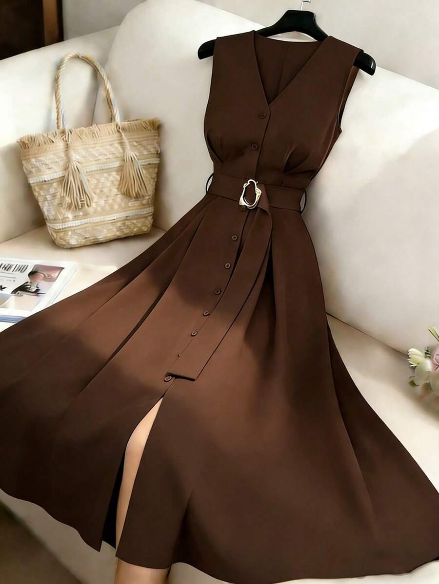 Elenzga Áo khoác cardigan dệt kim không tay cổ chữ V mới dành cho nữ, điểm nhấn là vòng kim loại, kiểu dáng thanh lịch, thích hợp mặc lâu dài. - màu nâu - Xem 1
