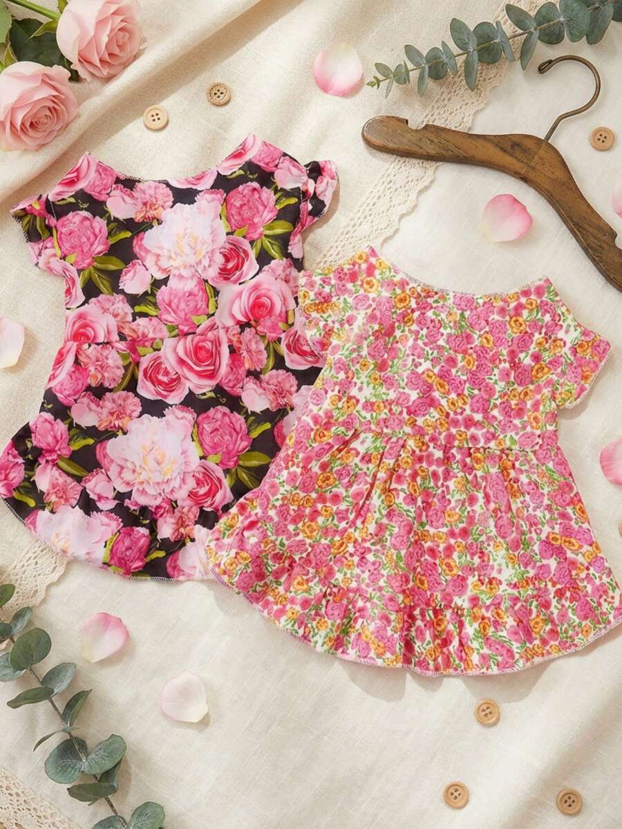 PETSIN 1件玫瑰花卉印花宠物连衣裙，轻柔透气，夏季度假风，泡泡袖设计，宠物服装 - 彩色 - 查看 1