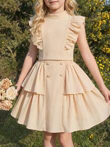 2 Stück Mädchen Outfit mit hellorangem Rüschen-Trim Kurzarm Bluse & Doppel-Rüschen Saum Rock, Frühling/Sommer Neuankömmling - Champagnerfarben - Übersicht 1