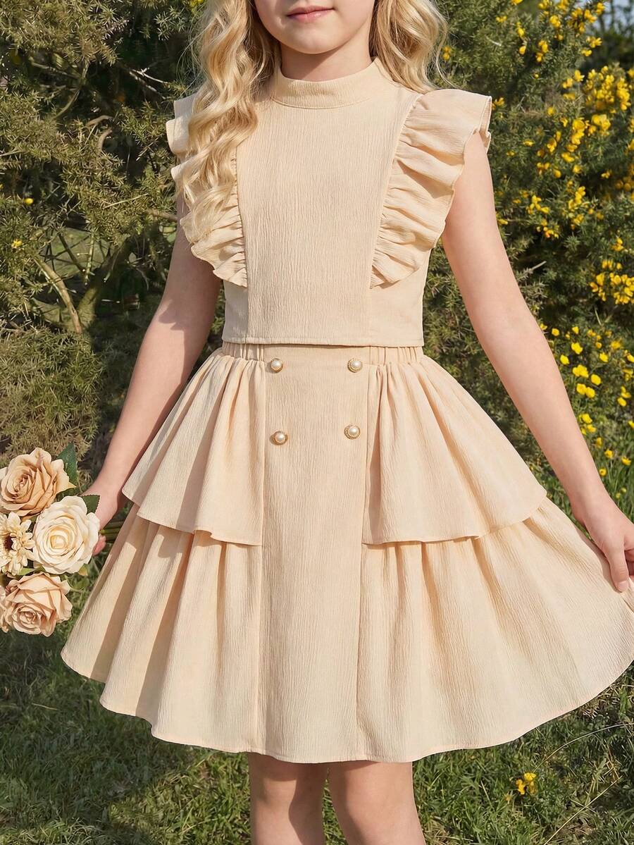 2 Stück Mädchen Outfit mit hellorangem Rüschen-Trim Kurzarm Bluse & Doppel-Rüschen Saum Rock, Frühling/Sommer Neuankömmling - Champagnerfarben - Übersicht 1