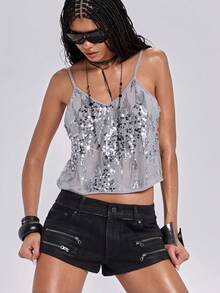 Quần short denim cạp siêu thấp đa năng màu đen Y2K Baddie - màu đen - Xem 8