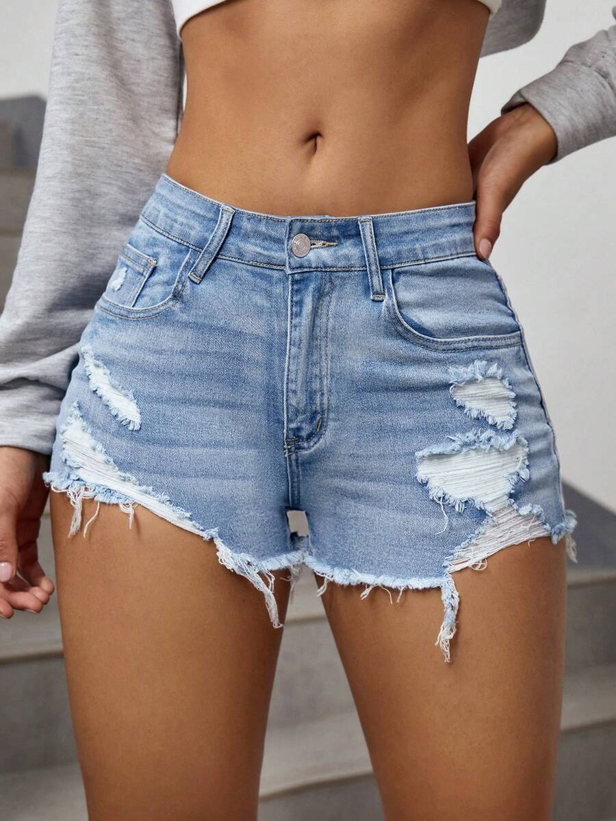 SHEIN ICON Plus Size Women's Fashion Versatile Washed Distressed Skinny Shorts - Light Wash - View 1