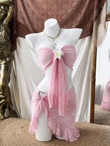 Sunspun 3pcs Plus Size Women Vacation Style Strapless Top, Skirt And Cover-Up Set - Baby Pink - View 3