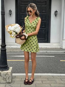 Pariaura Women's French Elegant Minimalist Shoulder Tie Polka Dot Print Dress, Chocolate Brown Polka Dot Dress Green Polka Dot Dress Women Dress Short Dress V-Neck Dress - Green - View 6