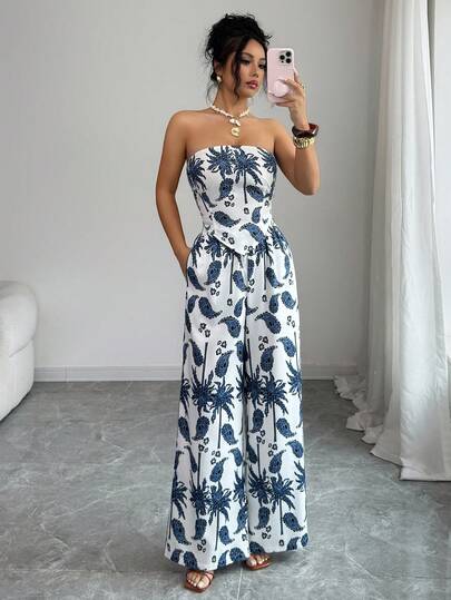 Rafferiza Women's X-Shaped Floral Print Cinched Waist Tube Top & High Waist Adjustable Elastic Straight Leg Floral Print Wide Leg Pants Set, Romantic Vacation Outfit