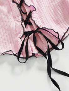 ROMWE Kawaii Sweet Pink Off-Shoulder Tie-Up Contrast Color Plus Size Casual Top For Women - Pink - View 3