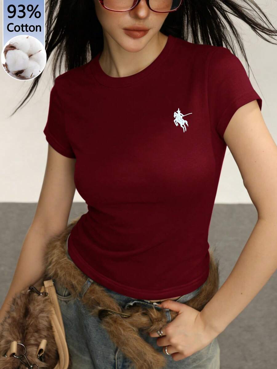 Rina Fox Áo thun nữ nữ cổ tròn tay ngắn dáng ôm in hình hiệp sĩ, kiểu dáng thường ngày. - Đỏ - Xem 1