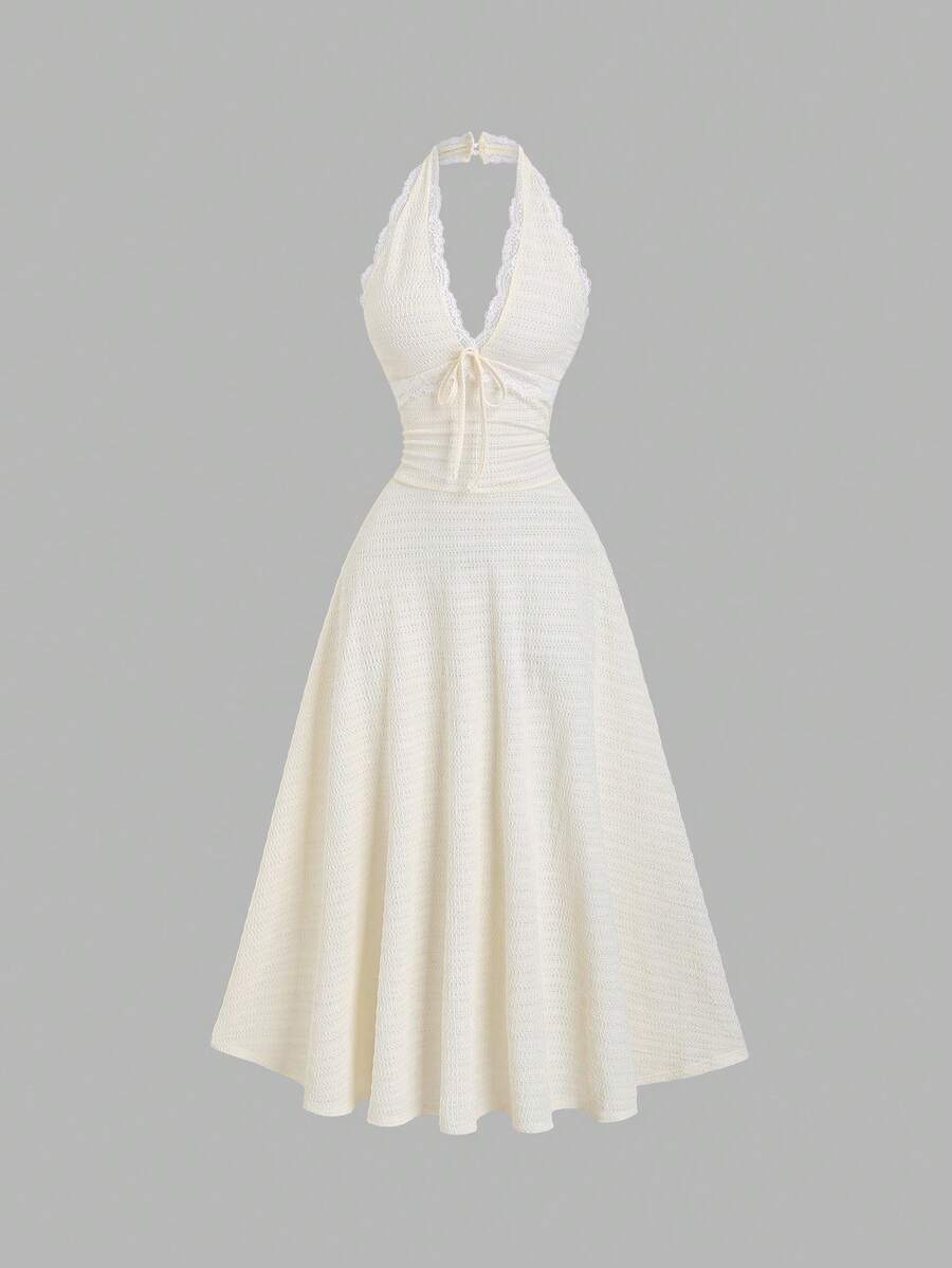 Sweetra 性感露背蕾丝边饰纹理面料A字荷叶边优雅连衣裙 - 杏色 - 查看 1