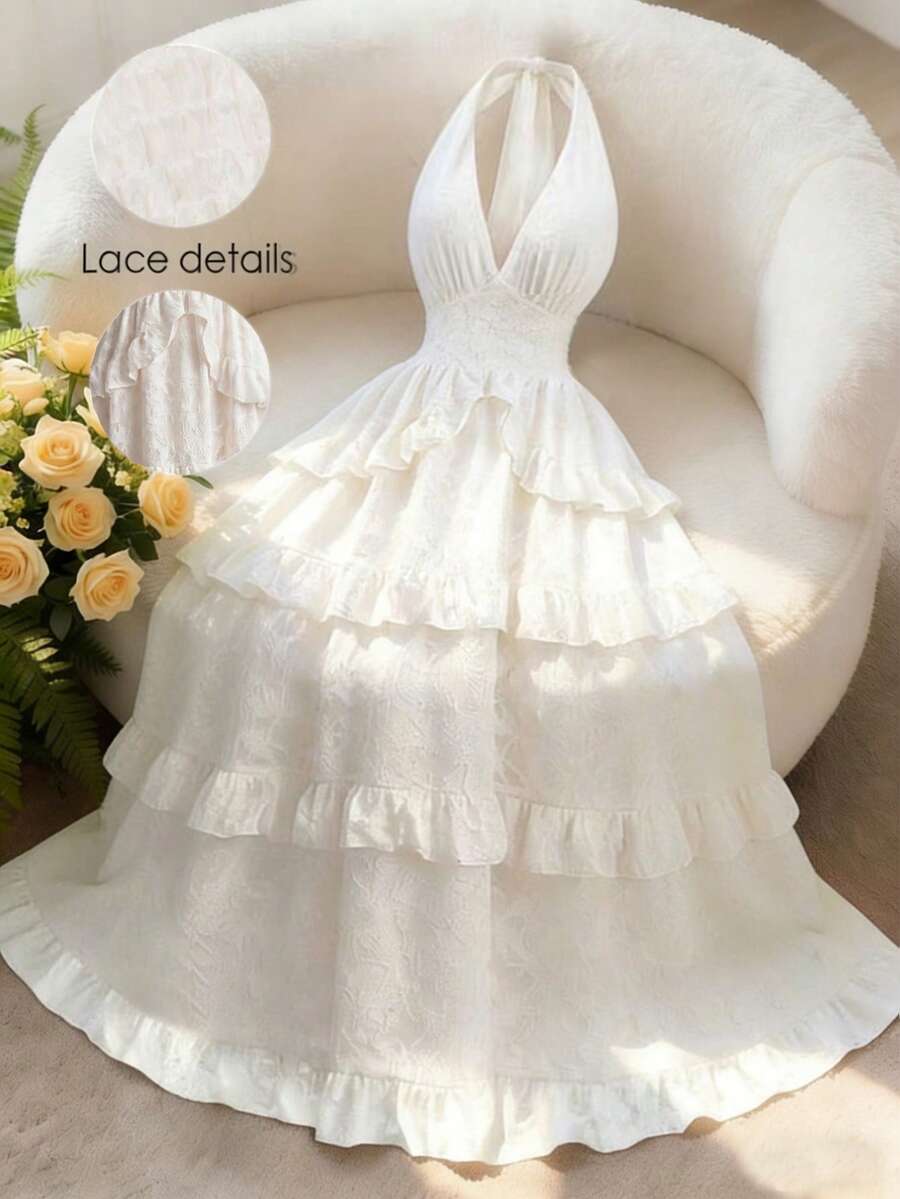 Qadelle Đầm trơn màu thanh lịch, xếp ly, hở lưng, thích hợp cho mùa hè. - Màu be - Xem 1