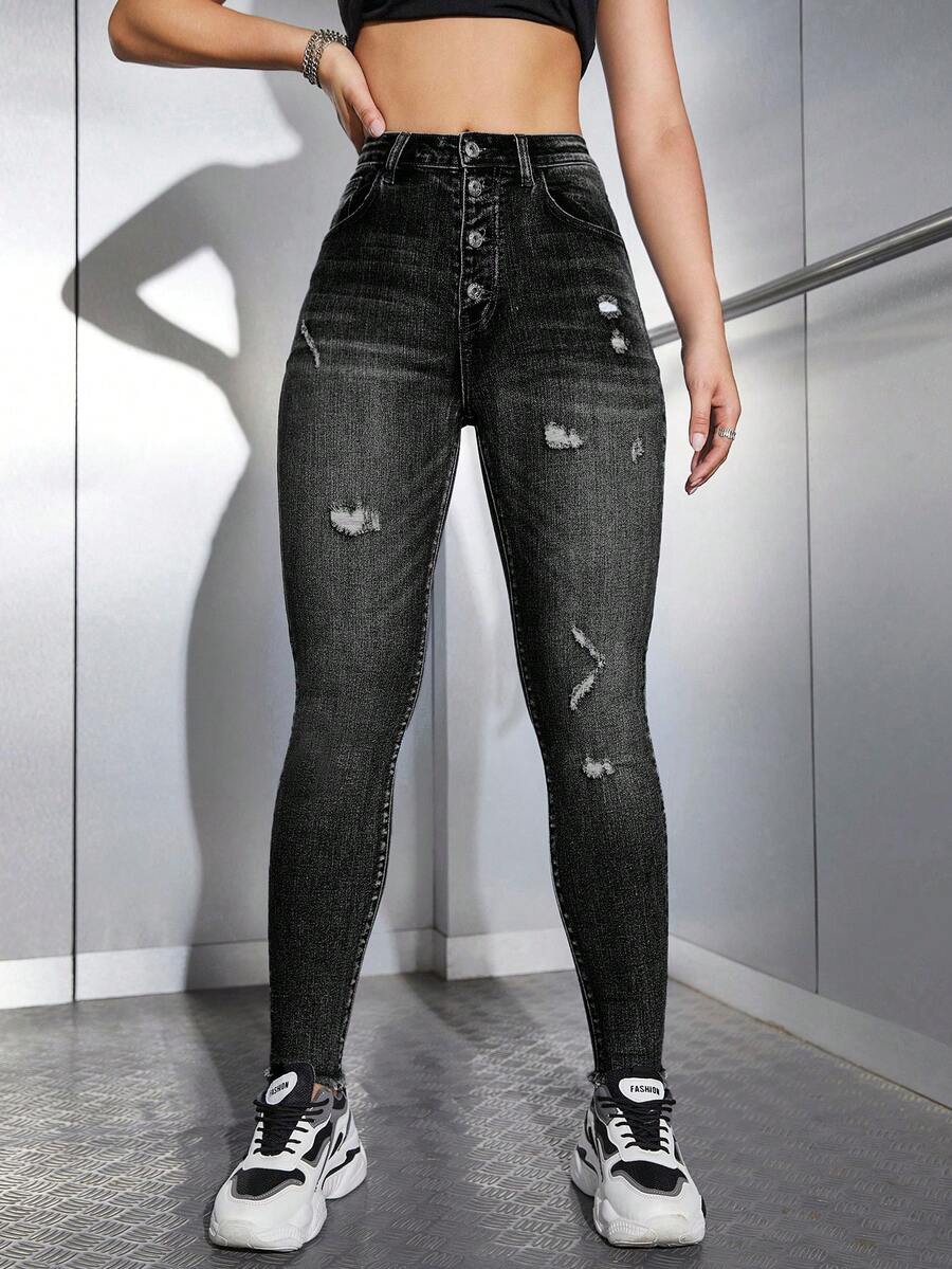 SHEIN ICON 女士口袋纽扣做旧休闲百搭日常牛仔裤 - 黑色 - 查看 1