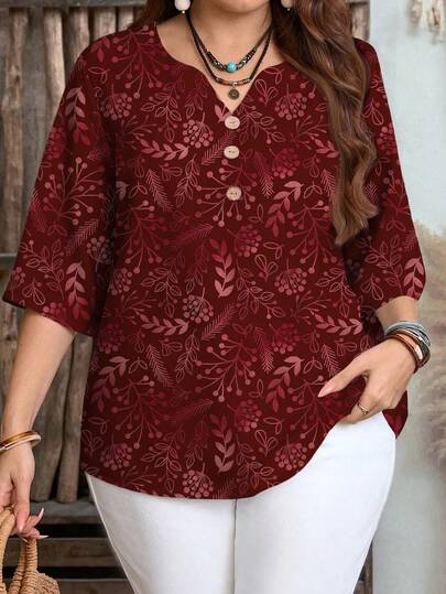 EMERY ROSE Plus Size Plant Print Casual Shirt, Suitable For Summer