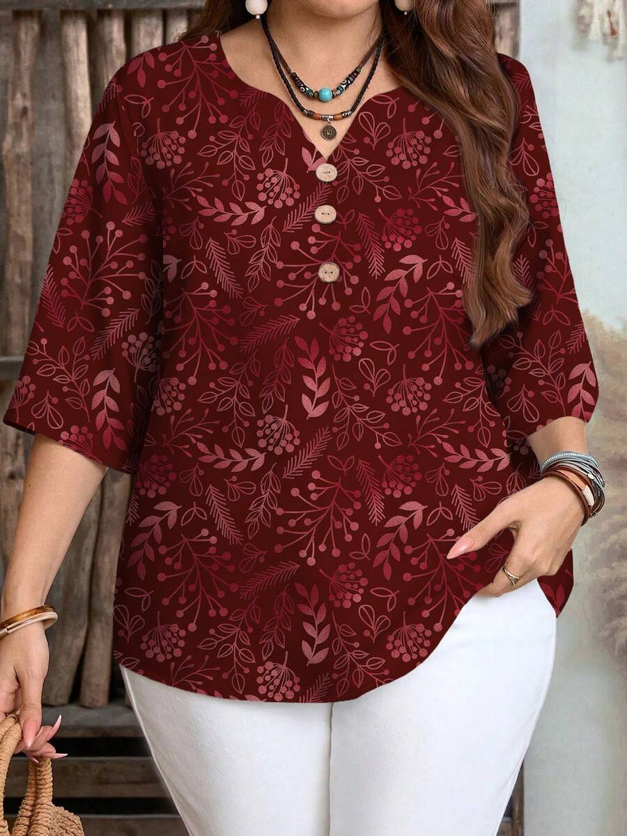 EMERY ROSE Plus Size Plant Print Casual Shirt, Suitable For Summer - Mint Green - View 1