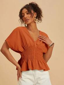 Travachic Women's Solid Color V-Neck Short Sleeve Ruched Waist Summer Top - Burnt Orange - View 3