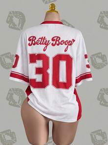 Betty Boop x SHEIN 大码女式V领卡通字母印花休闲百搭日常短袖T恤 - 白色 - 查看 2