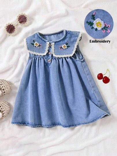 LMoss Kids Đầm denim dáng rộng thêu hoa cho bé gái, màu xanh dương