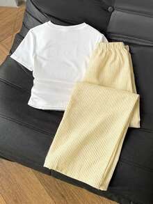 SHEIN Bộ 2 món cho bé gái tuổi teen: Áo cổ tròn và quần sọc. - Màu vàng - Xem 9