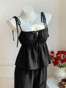 Comfortcana Plus Size 2 Pieces Set: Linen Ruffle Camisole And Wide Leg Pants, Casual Vacation Style, Spring/Summer, Comfortable Cotton Camisole And Long Pants 2 Pieces Set, Cotton 2 Pieces Set, Summer Clothing - Black - View 7