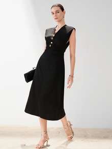Aveloria Modichic 黑色纯色V领褶裥收腰短袖中长连衣裙，精致优雅的办公室百搭简约复古风金属不规则搭扣中长连衣裙 - 黑色 - 查看 6