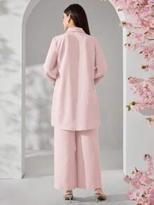 Veilorie 女士纯色褶皱单排扣上衣和阔腿裤休闲两件套 - 淺粉色 - 查看 3