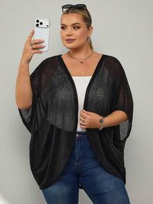 SHEIN CURVE+ Conjunto de cárdigan transparente de talla grande - Negro - Ver 5