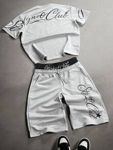 STYNVO 男士休闲字母印花T恤短裤套装，夏季 - 彩色 - 查看 1