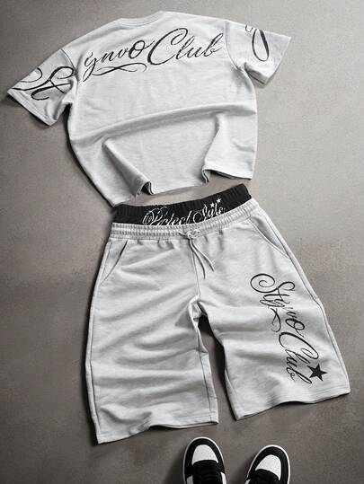 STYNVO 男士休闲字母印花T恤短裤套装，夏季