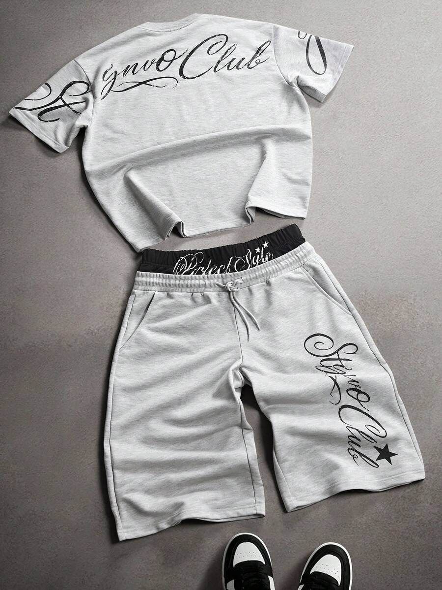 STYNVO 男士休闲字母印花T恤短裤套装，夏季 - 彩色 - 查看 1