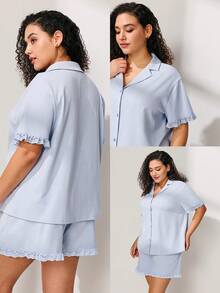 LUVLETTE Summer Plus Size Soft Cotton Ruffle Lace Trim Button-Up Short Blue Women Pajama Set Pants With Pockets - Blue - View 2